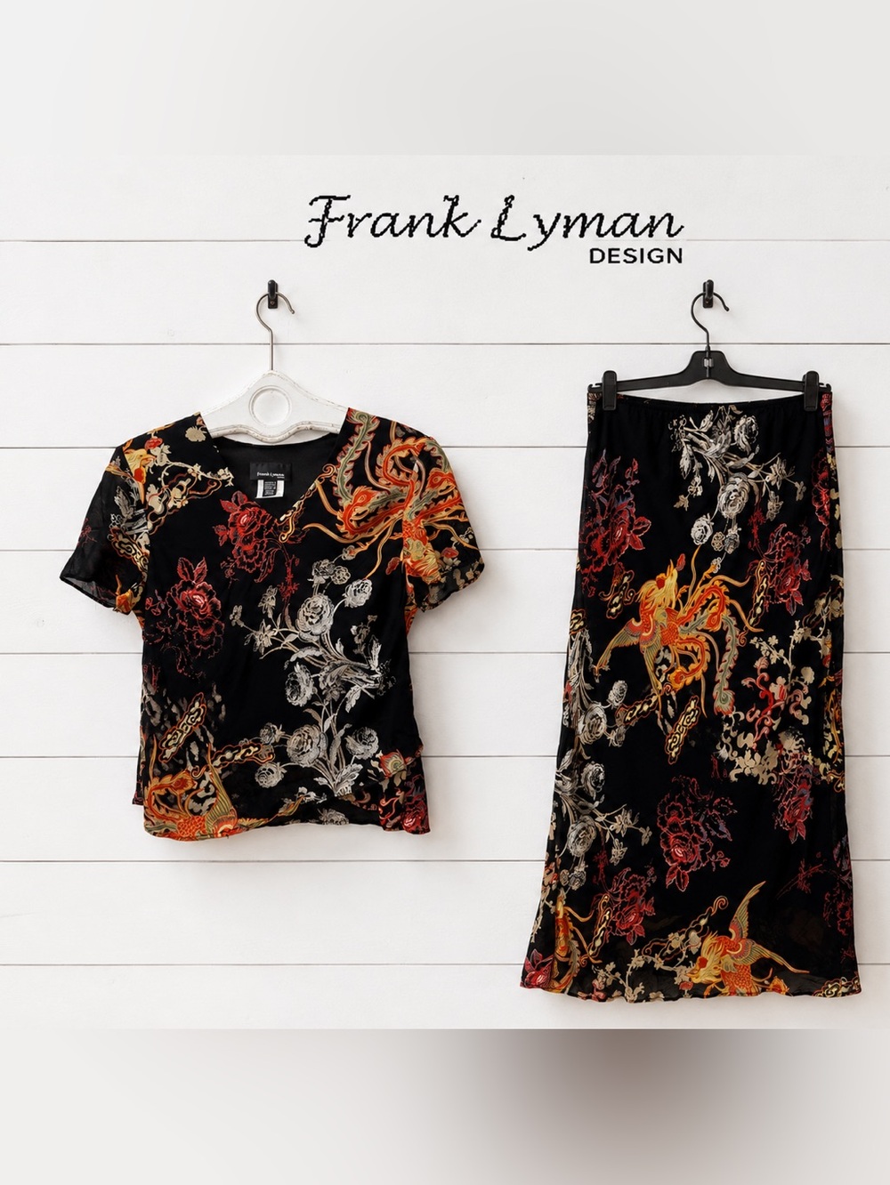 Frank Lyman Y2K Mesh Top & Skirt Set – Black Print – Size 12